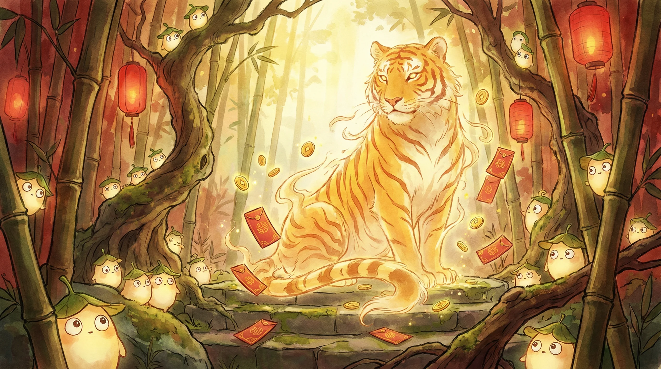 Tigre dourado majestoso em floresta de bambu com lanternas e moedas da sorte